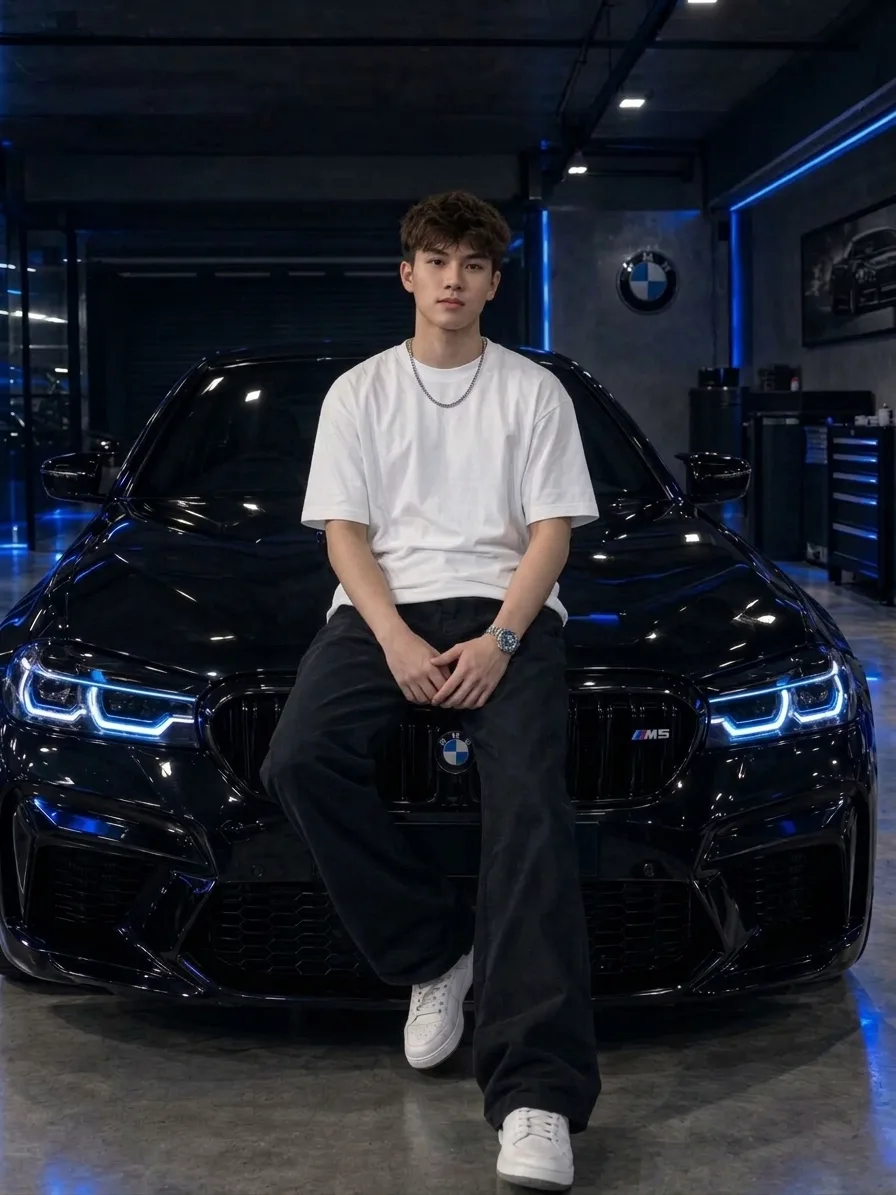 Ultra-realistic cinematic portrait of a young man sitting confidently on the front of a glossy black BMW M5 inside a luxurious modern