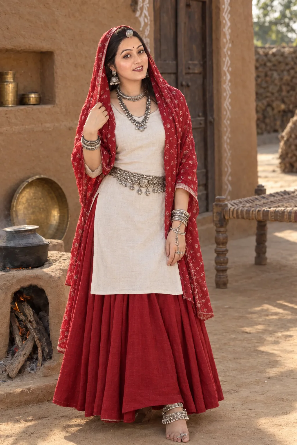 Hyper realistic documentary style full body portrait of an authentic Haryanvi village female standing naturally in a gobar lipa aangan