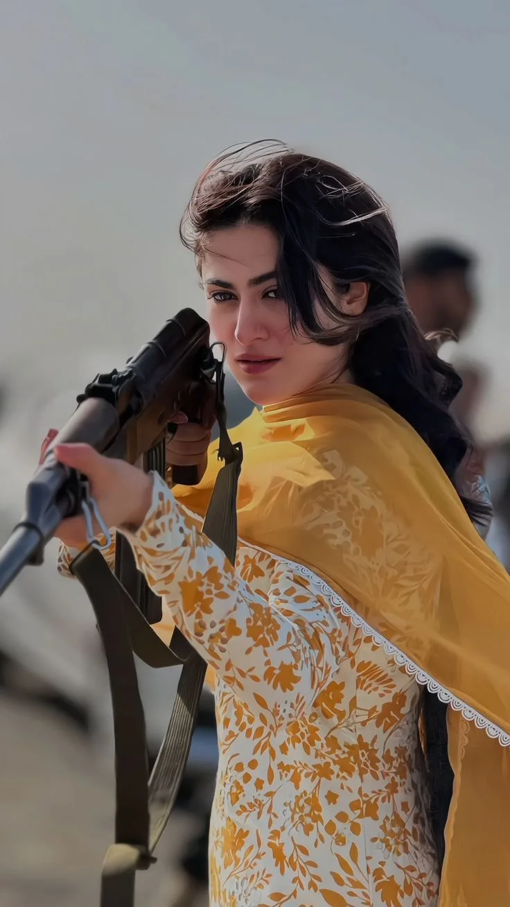 A cinematic photorealistic portrait of a young South Asian woman in a flowing mustard-yellow traditional outfit with intricate white floral