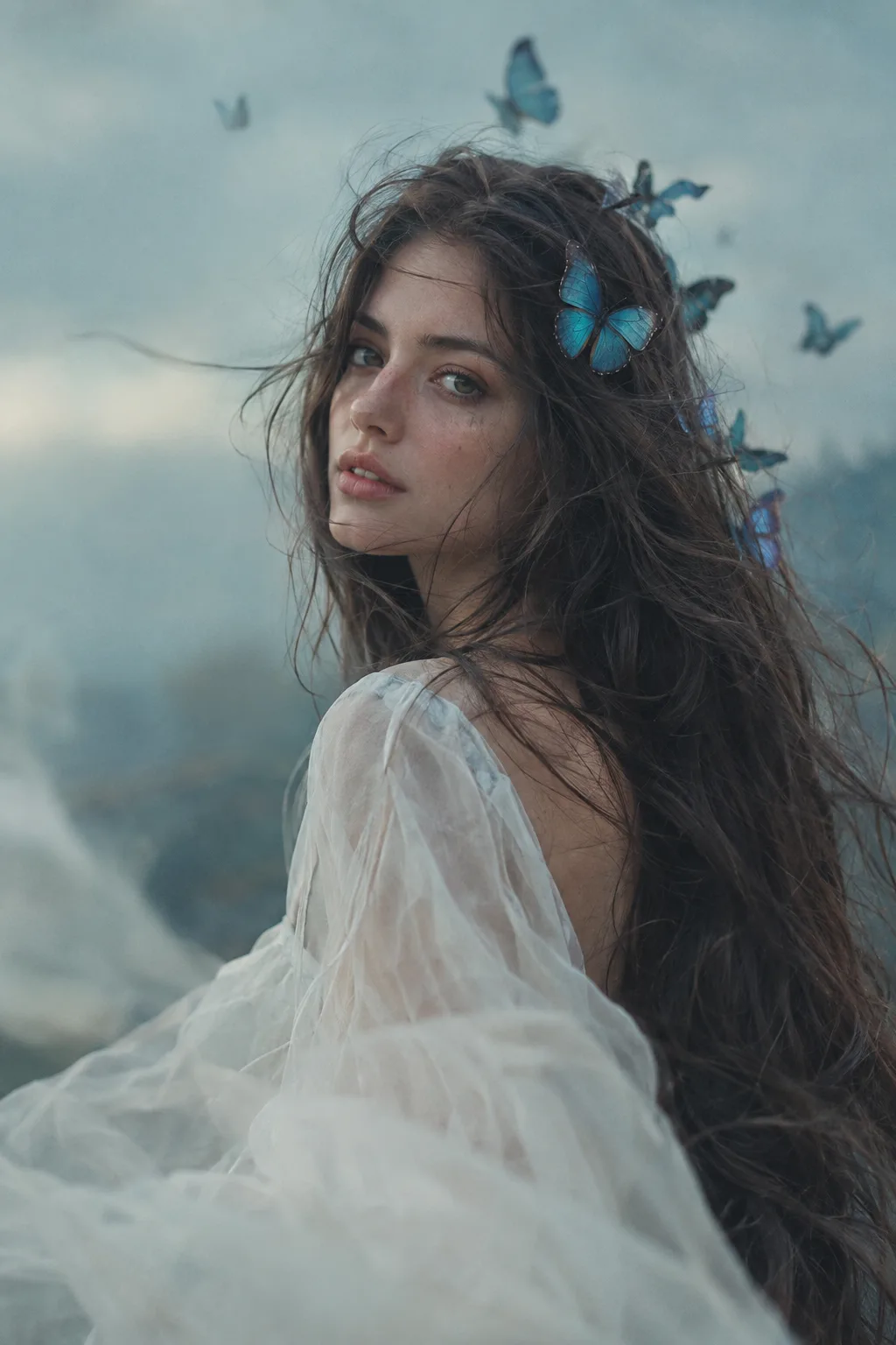 Create a highly realistic cinematic portrait photograph of a young adult woman standing outdoors in a soft, dreamy natural environment.