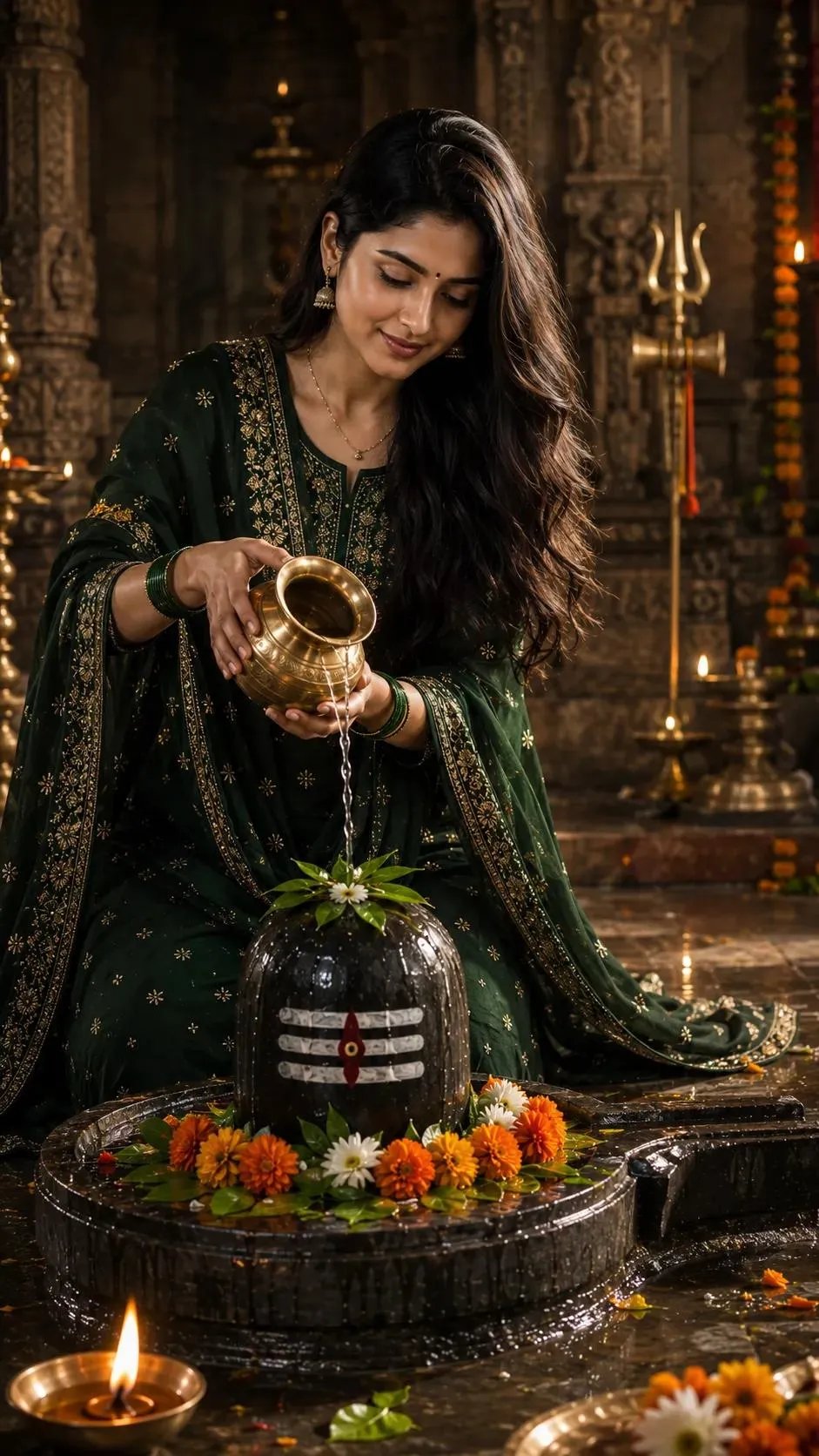 Prompt 👇 ChatGpt Ultra-realistic cinematic temple portrait of a young Indian woman performing Shiv Abhishek inside an ancient Shiva