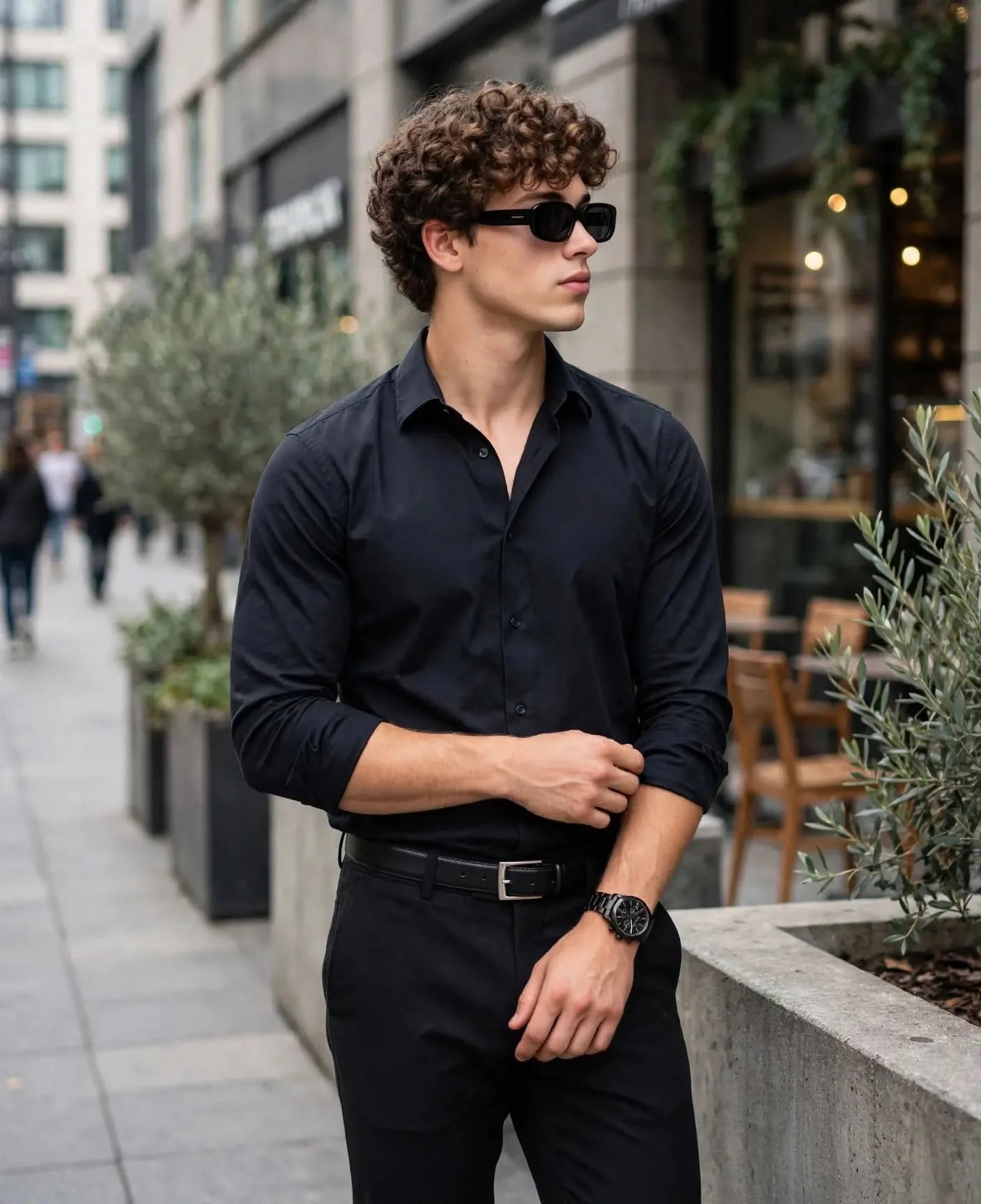 Stylish cinematic portrait of a young man with curly brown hair, wearing black sunglasses, black slim-fit shirt, black pants and black