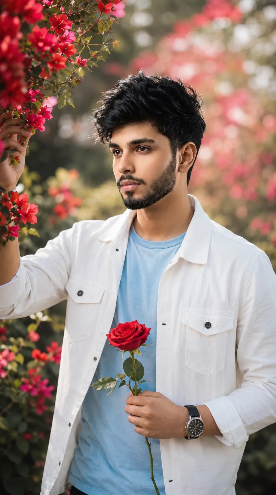 Ultra-realistic cinematic portrait of a stylish 21 year old man standing in a dreamy spring garden.