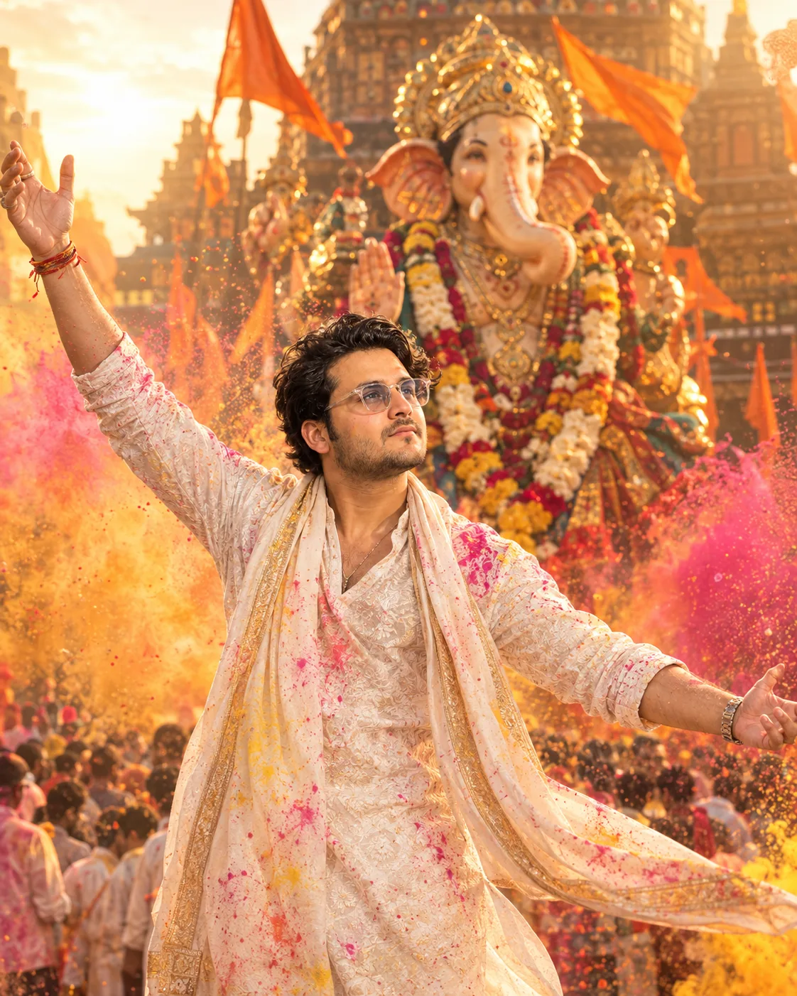 A stylish young South Asian/Indian man joyfully celebrating Ganesh festival in a vibrant outdoor procession.