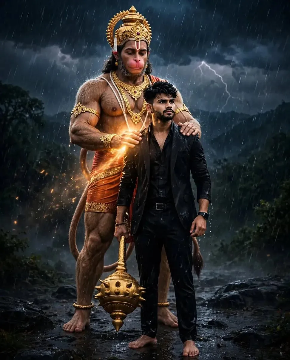 A photorealistic, cinematic photograph of Lord Hanuman standing behind a young, bearded man in a tailored black suit jacket and unbuttoned