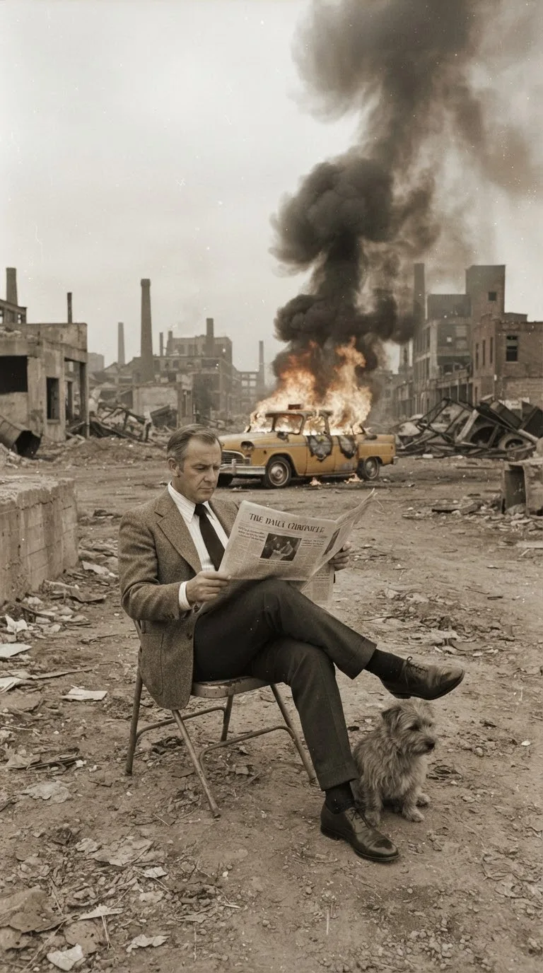 Surreal cinematic vintage photograph of a calm, impeccably dressed middle-aged man sitting casually in a folding chair in the middle of a