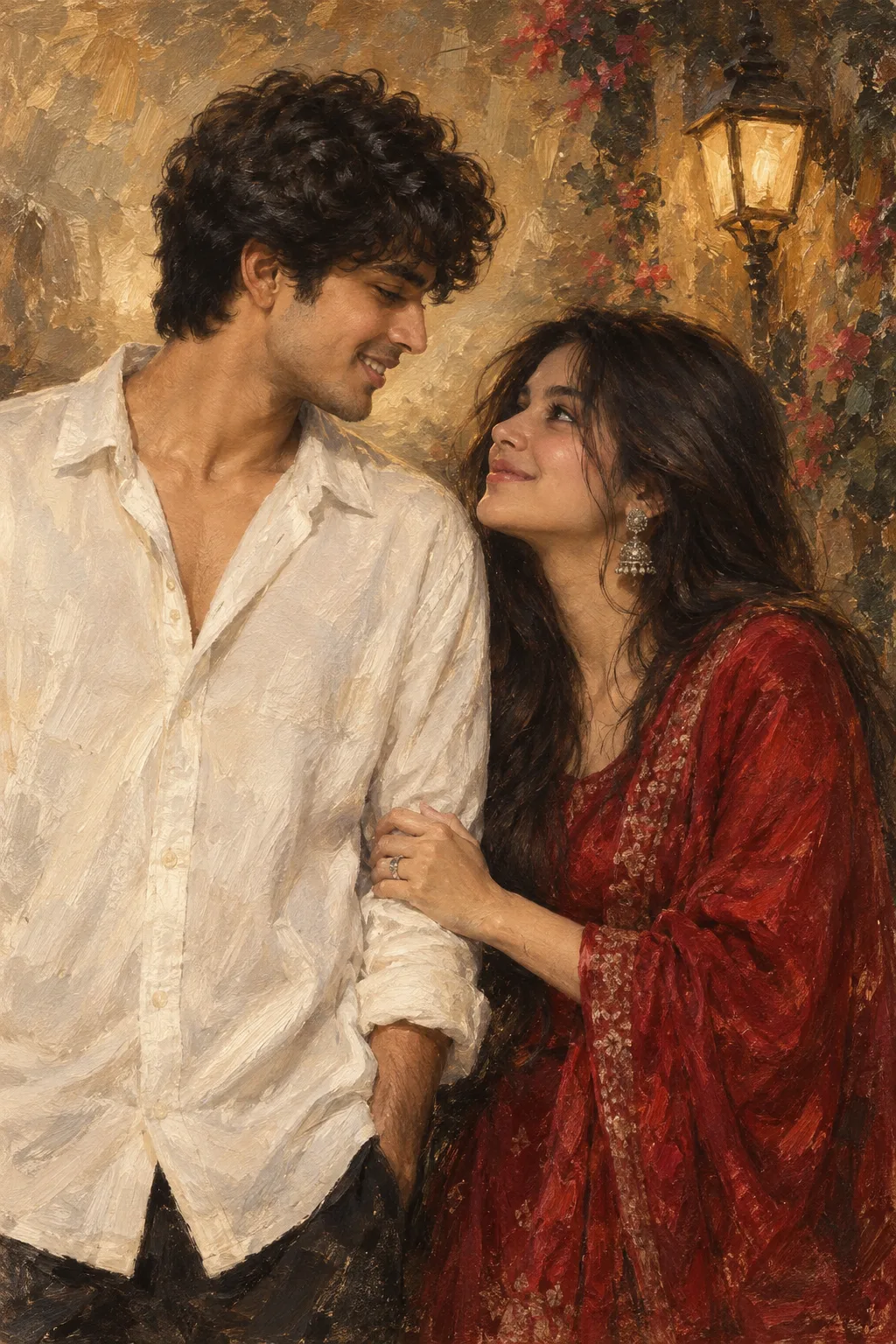 Turn this couple photo into a trending romantic oil-painting portrait.