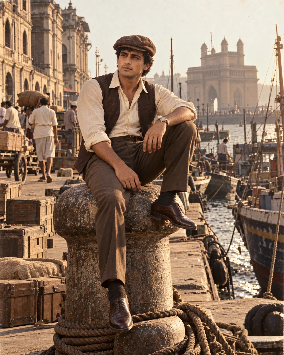 Create a highly realistic vertical 4:5 cinematic vintage 1980s-style photograph of a fictional Indian male cricket star sitting casually on