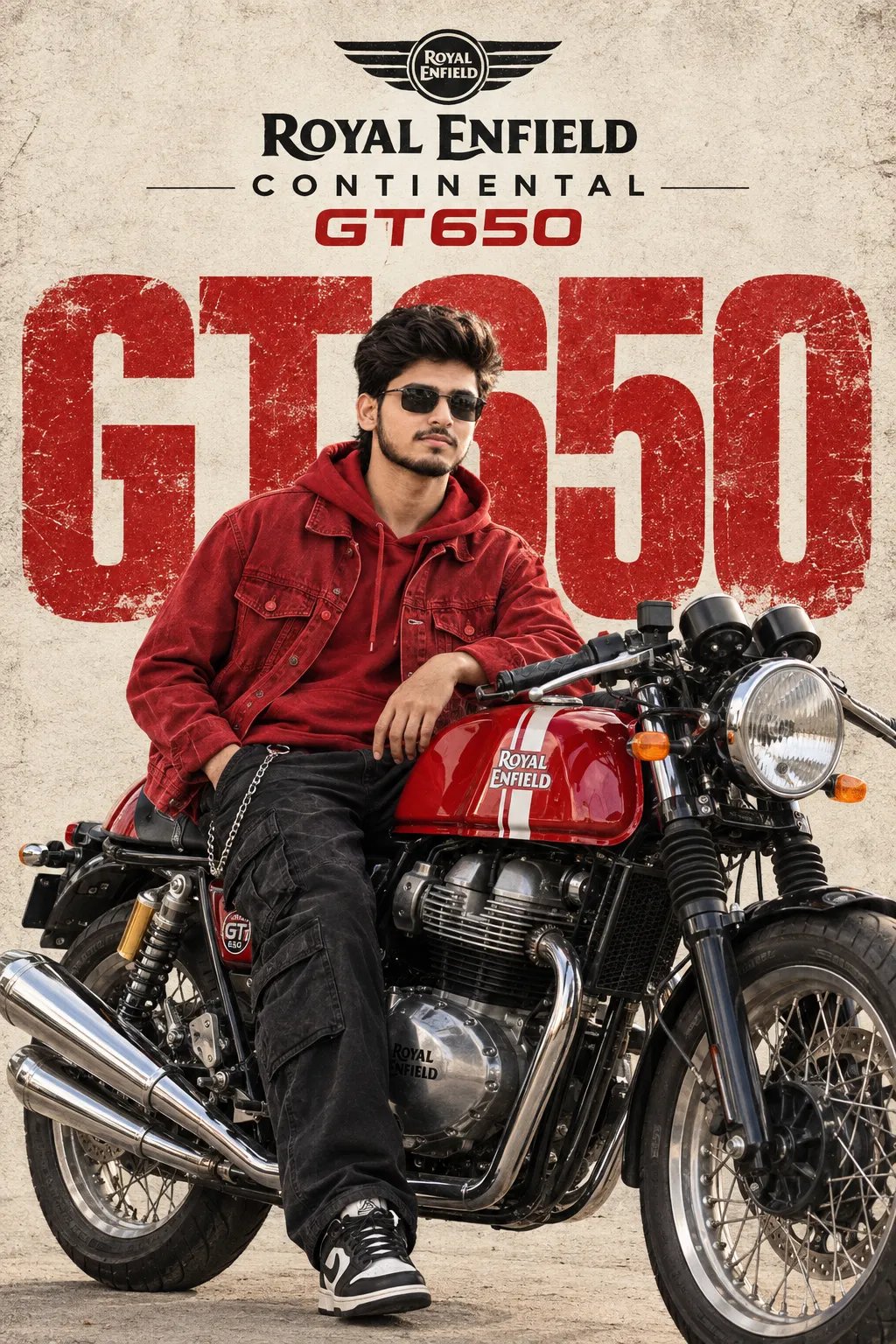 "A photorealistic, vintage-style advertising poster featuring a stylish boy in his 18 year old slim body sitting confidently on a red and
