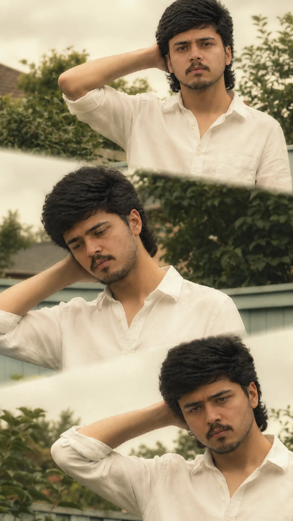 Create a realistic vertical 3-panel portrait collage of the same young Indian man, wearing a loose off-white/cream linen shirt with sleeves