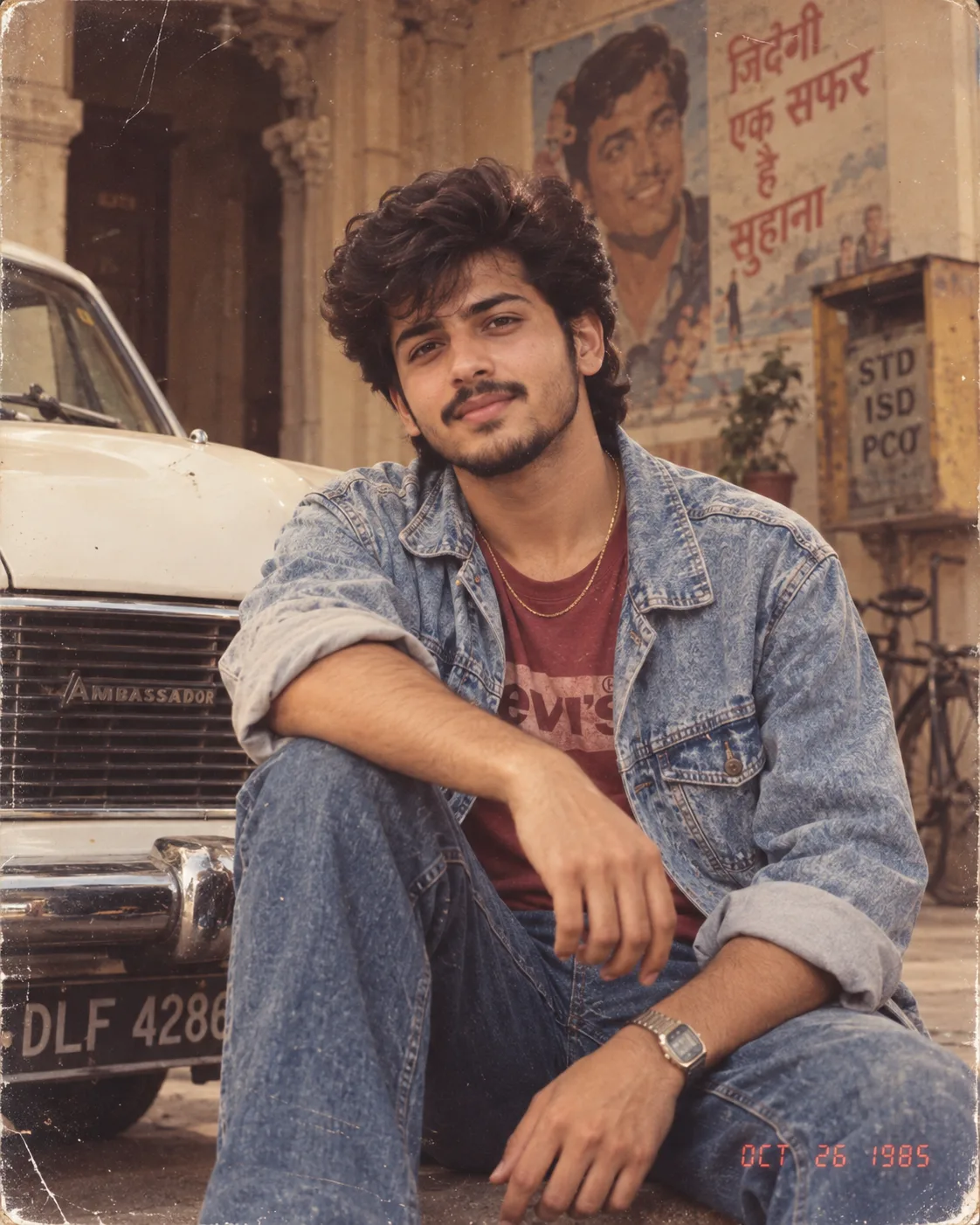 > Create a highly realistic vertical 4:5 cinematic 1980s Indian retro street-fashion photograph of a handsome young Indian man sitting