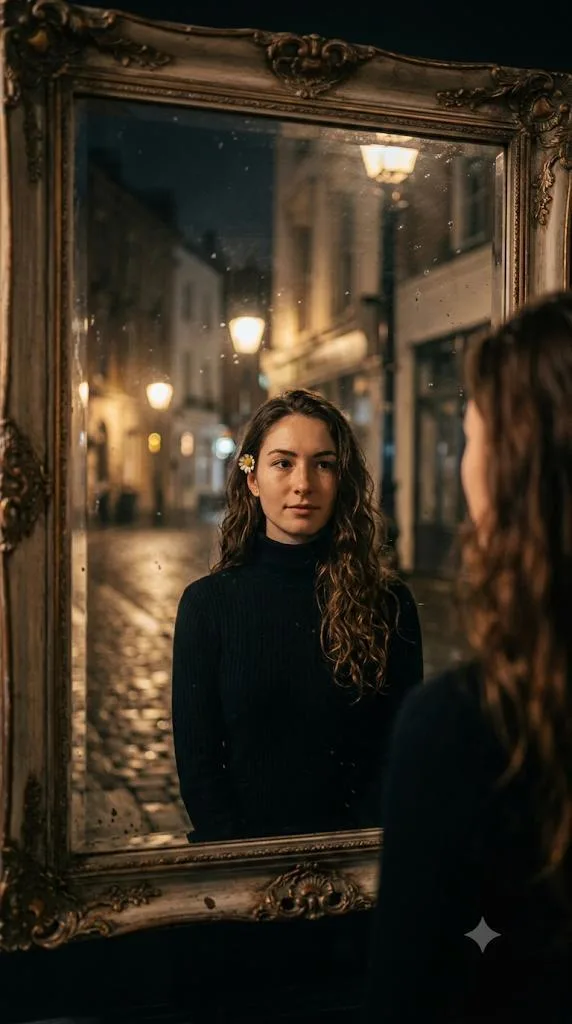 A stunning cinematic mirror reflection portrait of a beautiful young woman standing in front of a large vintage mirror at night.