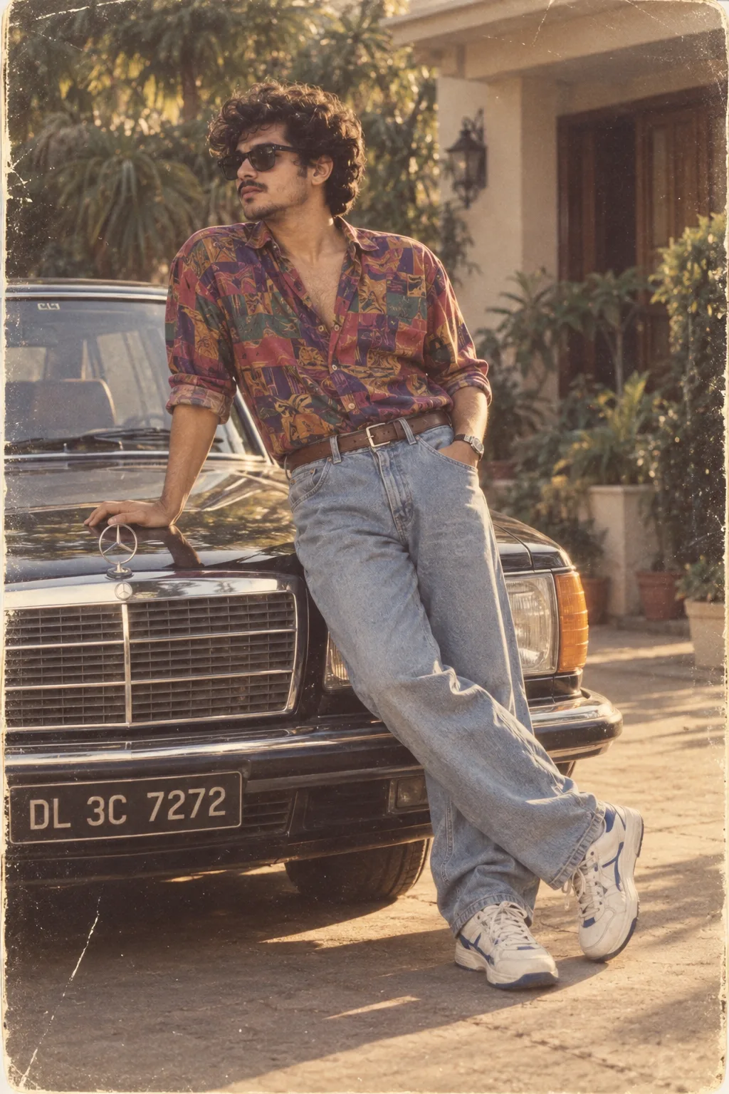 A stylish young man with curly hair, mustache and light beard, wearing black sunglasses, leaning casually on the front of a vintage black