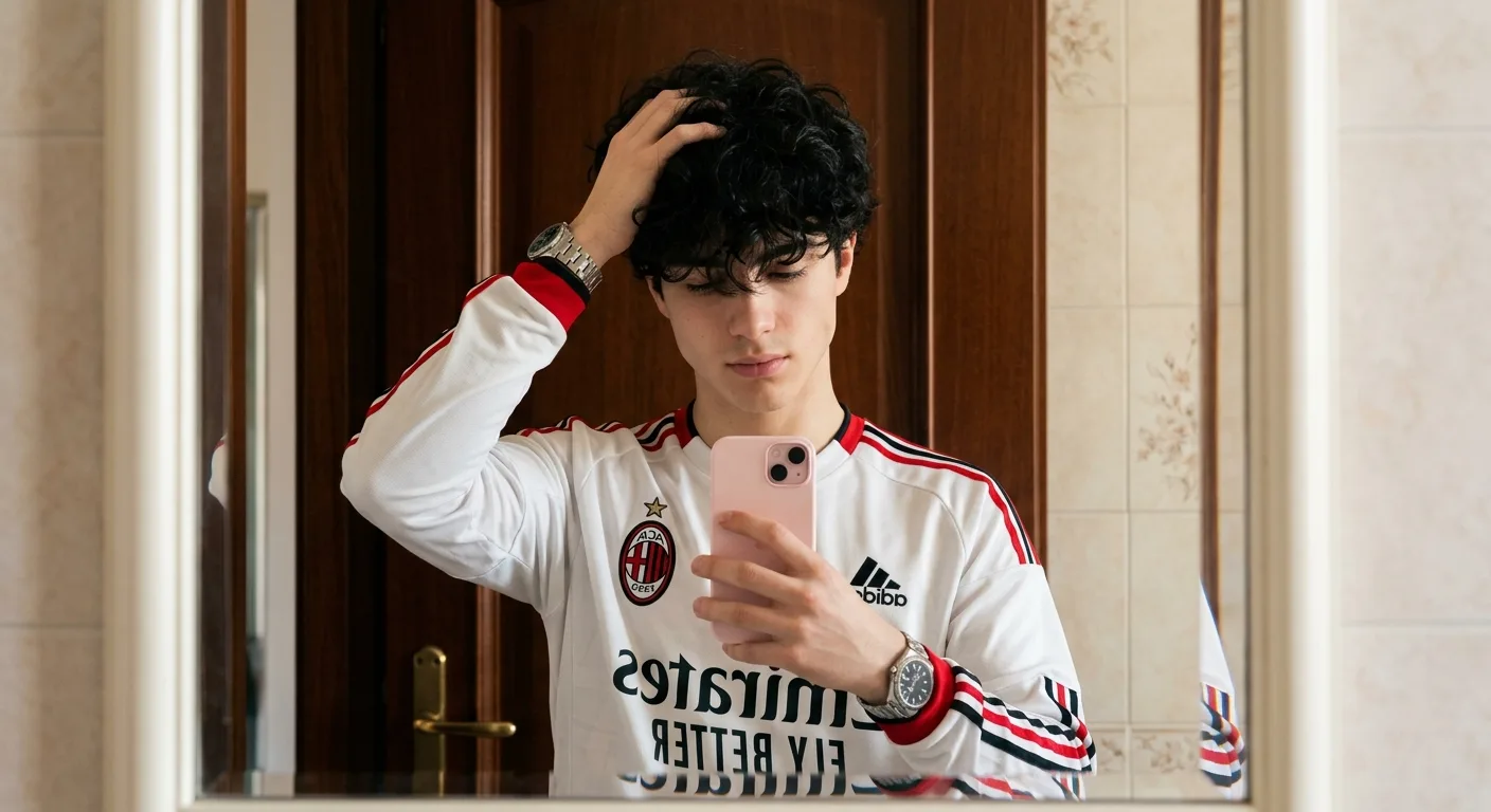 Create an ultra-realistic 4K mirror selfie portrait of a stylish young man standing in front of a wooden bathroom door, capturing a calm