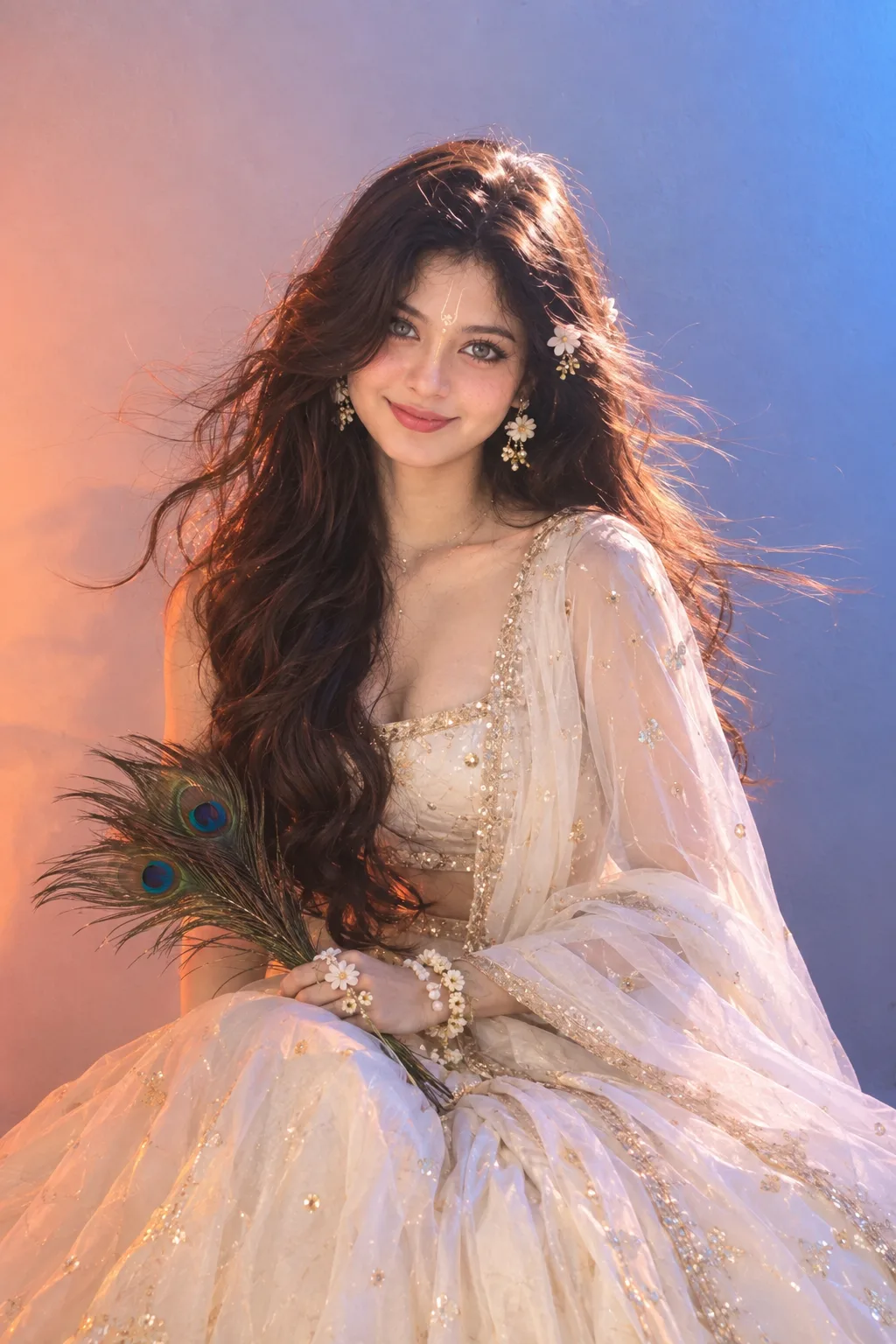 Create a portrait of a young woman with a serene expression, where the girl looks like Radha with brown long wavy hair flying & mural art