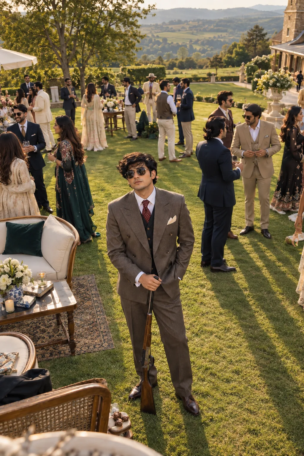 Create a cinematic, ultra-realistic high-angle group portrait on a perfectly manicured countryside lawn, photographed with a sophisticated