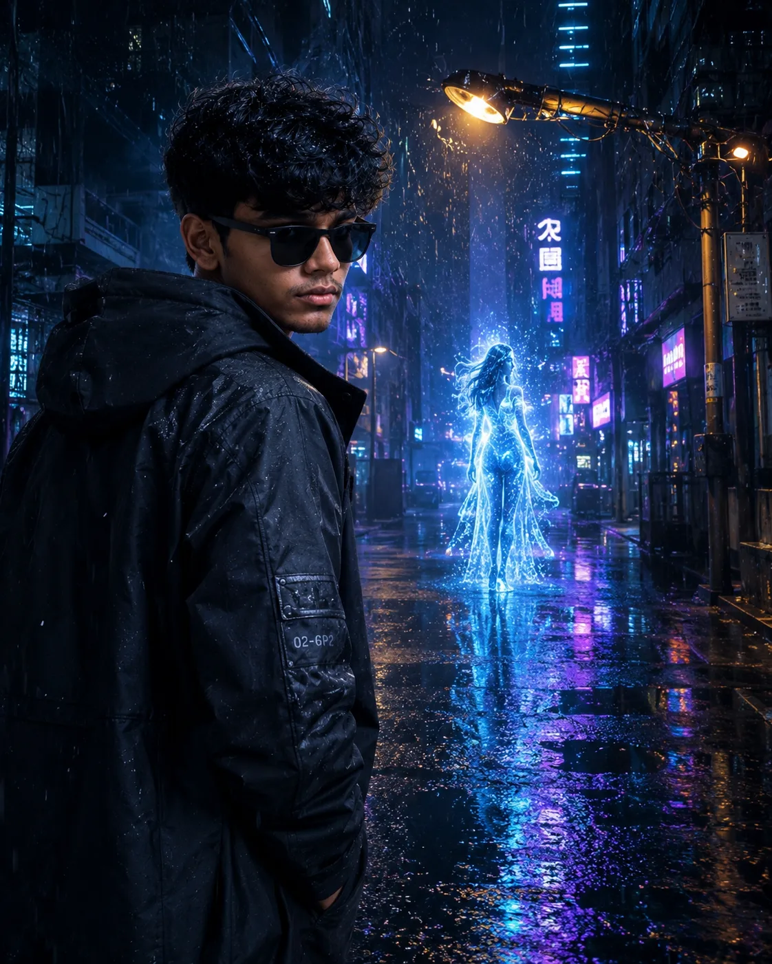 Create a completely original cinematic night photograph featuring two characters meeting on an empty rain-soaked urban street.