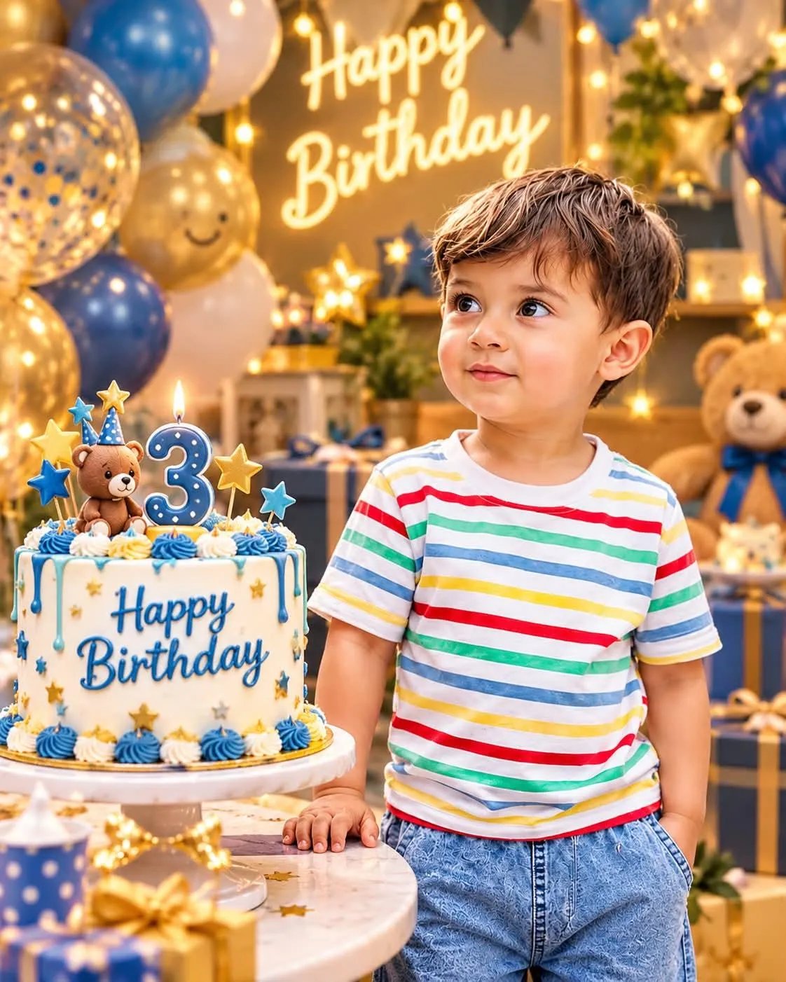 Turn the uploaded child photo into a beautiful cinematic 3D birthday portrait.