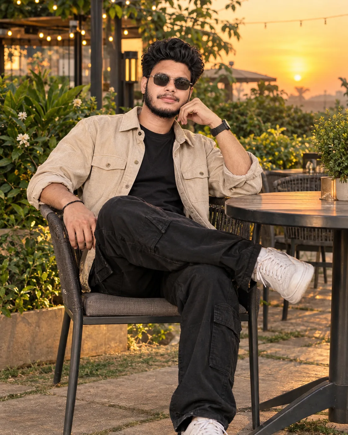 ** A young South Asian man with curly black hair and a short beard sits relaxed in a black metal outdoor chair on a stone patio at golden