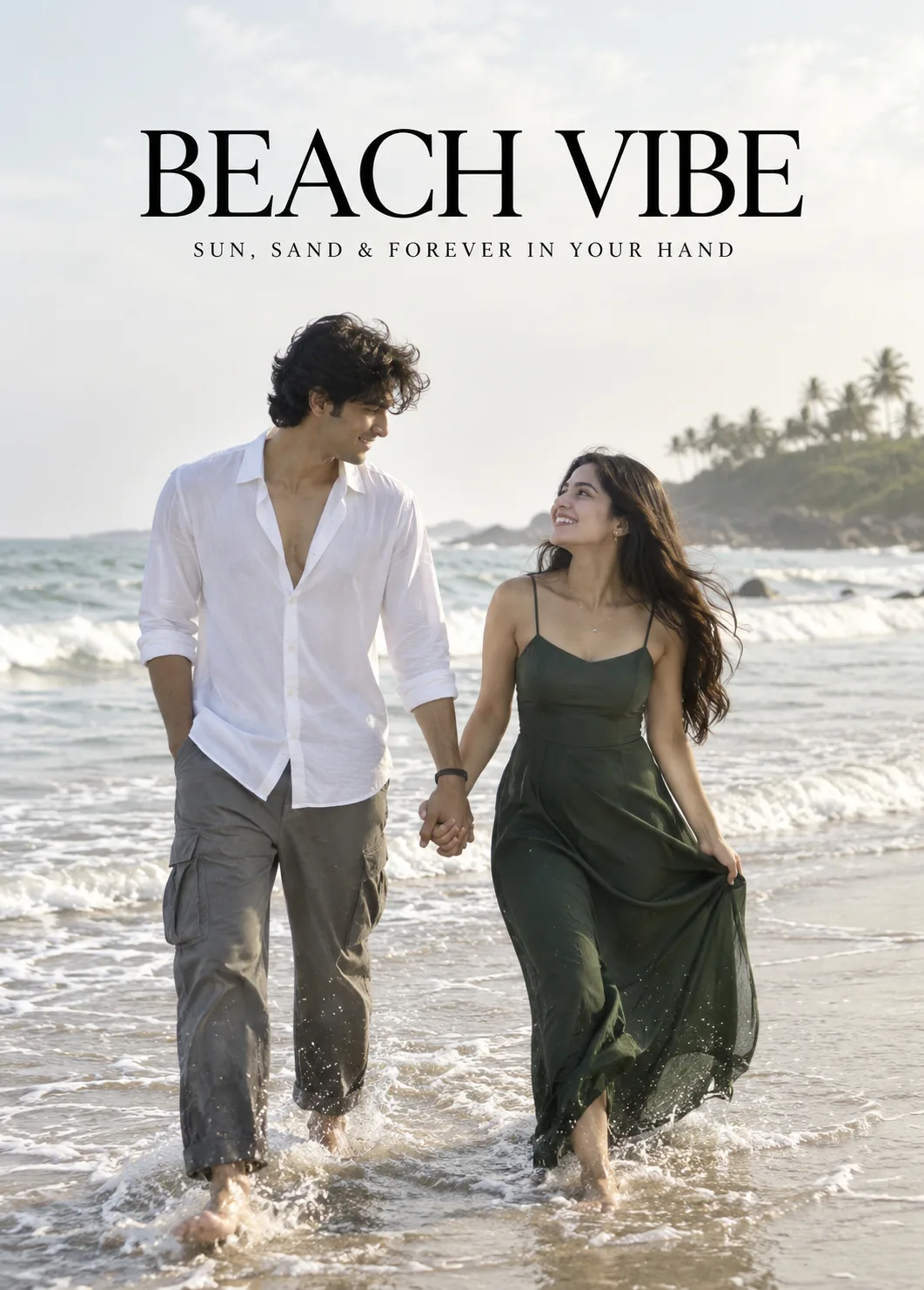 HIGH-RESOLUTION, CANDID BEACH PHOTOSHOOT OF A YOUNG COUPLE WALKING HAND-IN-HAND ALONG THE SHORELINE IN SHALLOW OCEAN WATER.