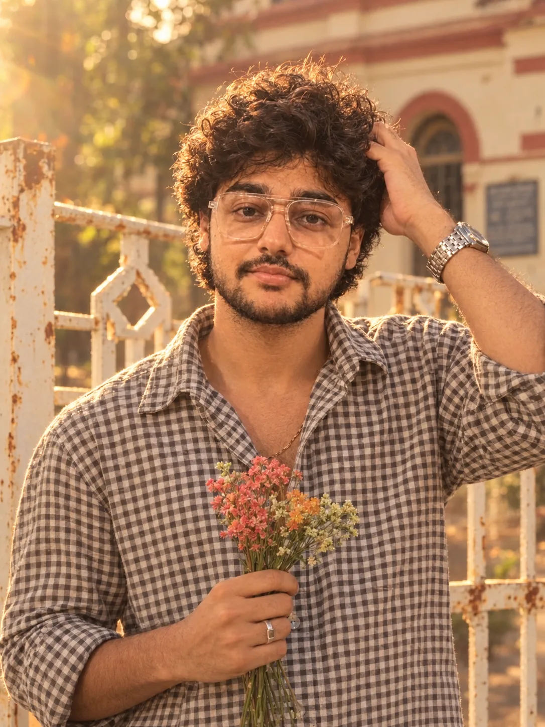 "A warm, candid golden-hour portrait of a young man with thick, tight black curly hair, smiling softly with a relaxed, slightly shy