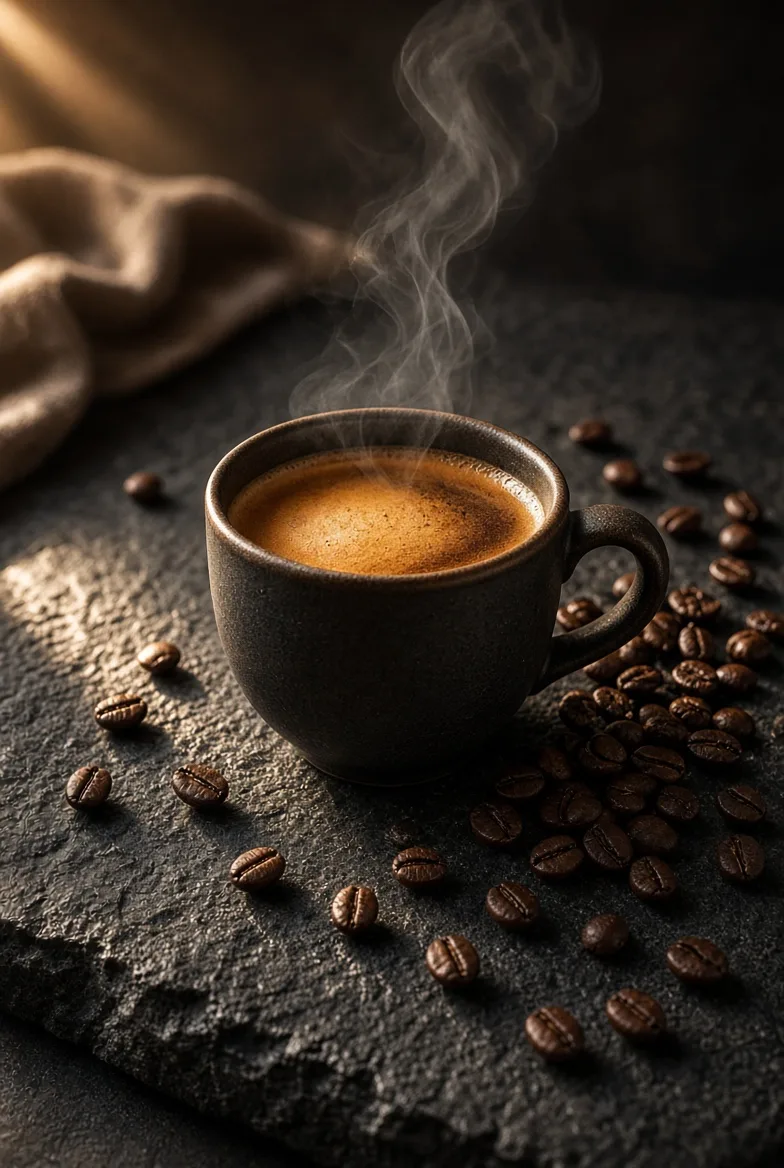 Premium artisan coffee cup on a dark stone table, rich coffee crema, roasted coffee beans scattered naturally around the cup, warm morning