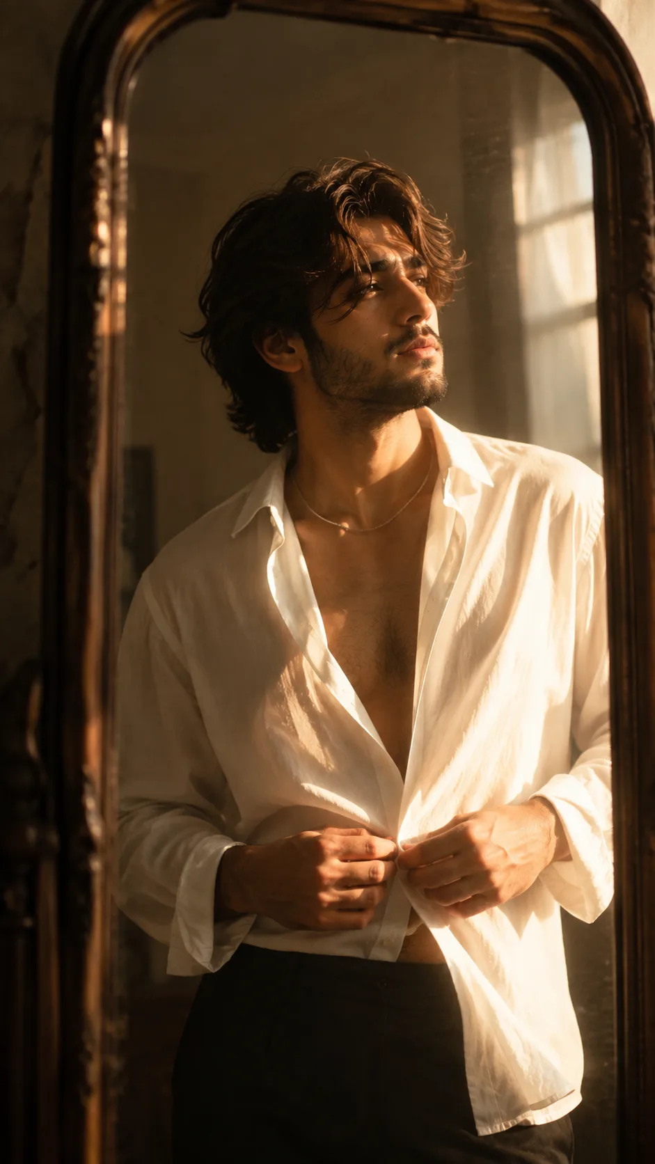 A highly cinematic, photorealistic fashion portrait of a handsome young adult man standing indoors in front of a large ornate vintage