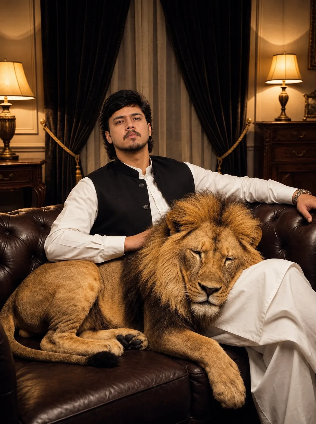 Create an ultra-realistic cinematic portrait of a young South Asian man reclining confidently on a luxurious dark-brown tufted leather sofa