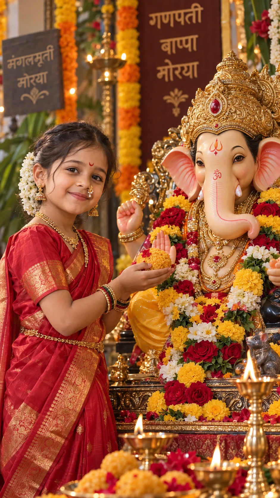 Ultra-realistic 9:16 devotional portrait of a little South Asian girl, approximately 6–8 years old, standing closely beside a beautifully