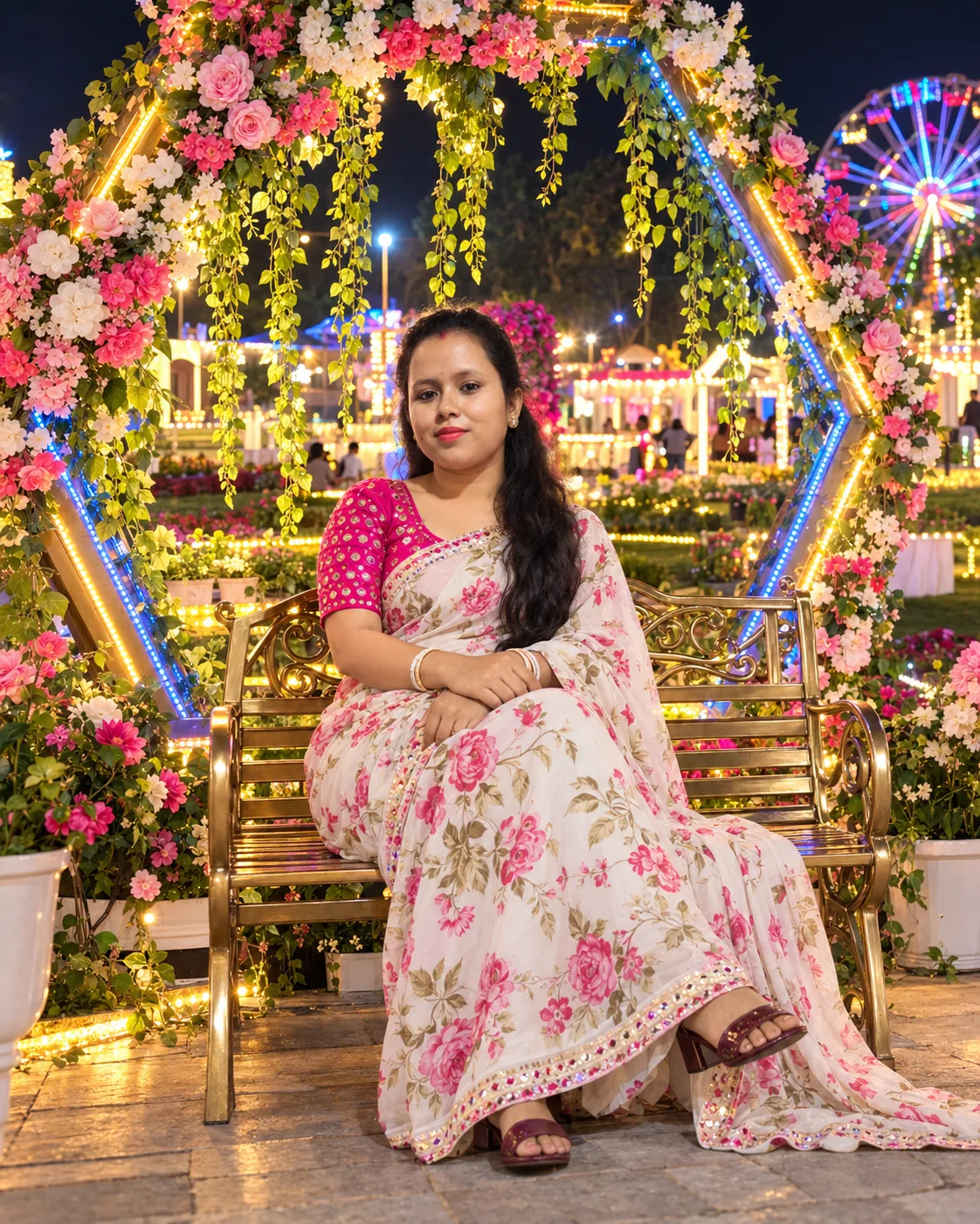 Generate an ultra-realistic portrait of the uploaded beautiful woman sitting gracefully on a modern decorated metal bench inside a large