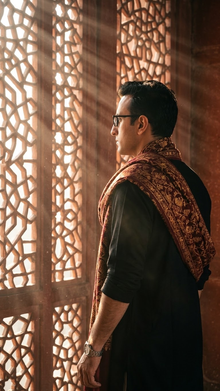 Camera behind you - capturing you from rear ¾ angle, face turned slightly sideways (profile visible in sunlight).
