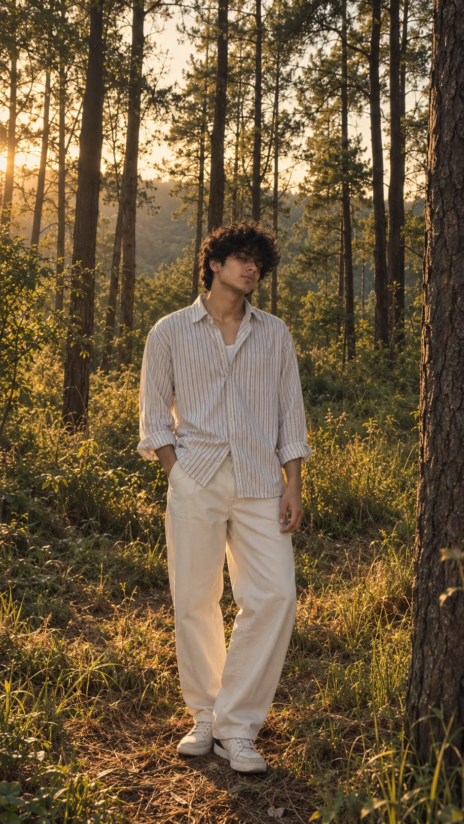 A cinematic full-body portrait of a stylish young man standing peacefully in a quiet forest during golden hour.