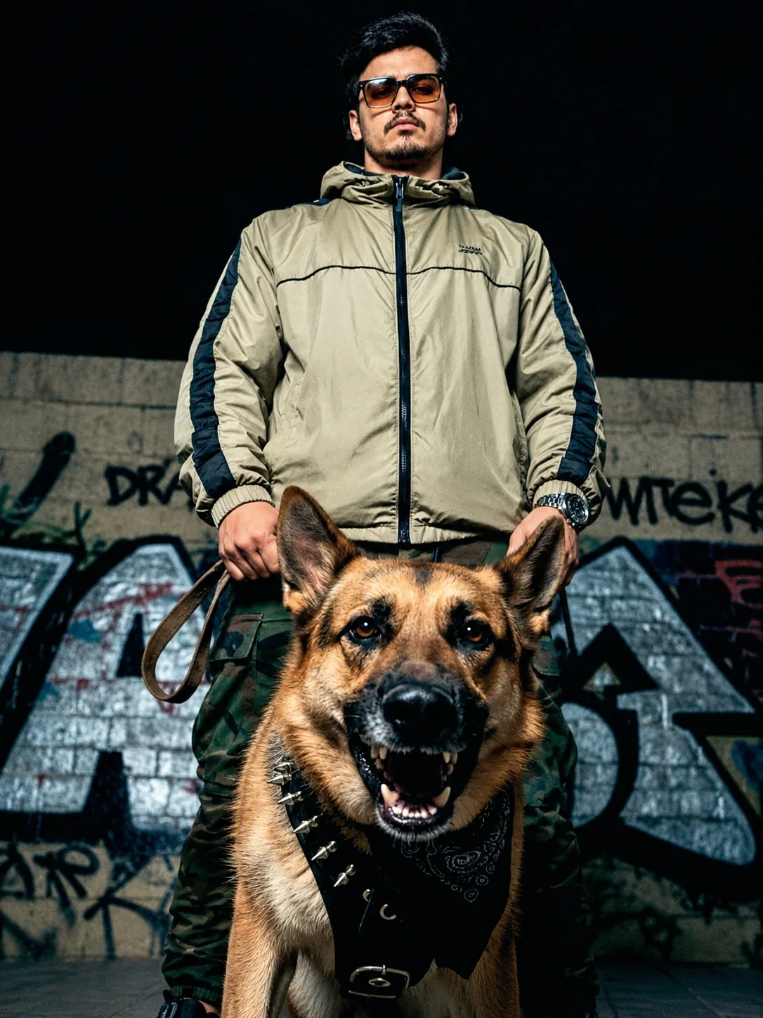 Create a highly realistic, cinematic vertical portrait of a confident young man standing behind a powerful German Shepherd in an urban