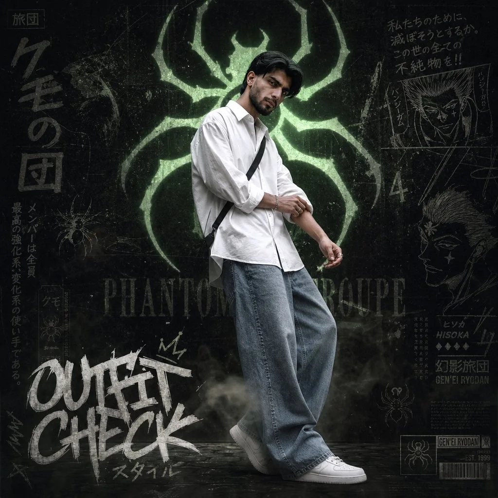 A hyper-realistic anime streetwear poster featuring a young Indian man(uploaded refference)in loose white shirt, baggy faded jeans, white