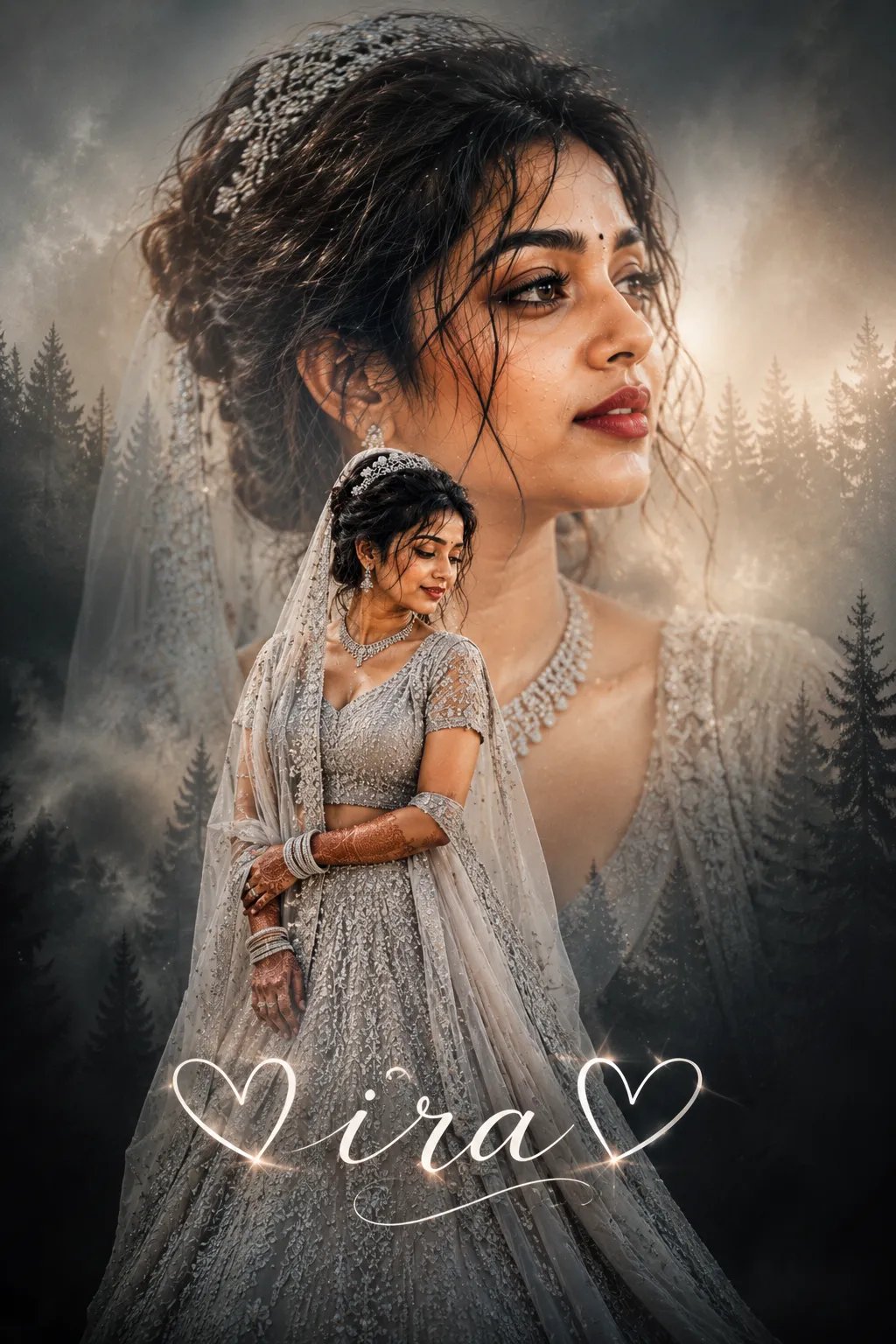 Ultra-realistic bridal portrait collage same as uploaded, beautiful Indian bride in silver lehenga gown, elegant diamond jewelry, red