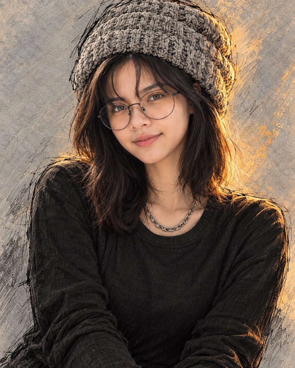 Turn your photo into this dreamy golden-hour knitted beanie portrait ① Open Gemini / Grok / GPT Image 2.0 ② Add your photo ③ Paste the