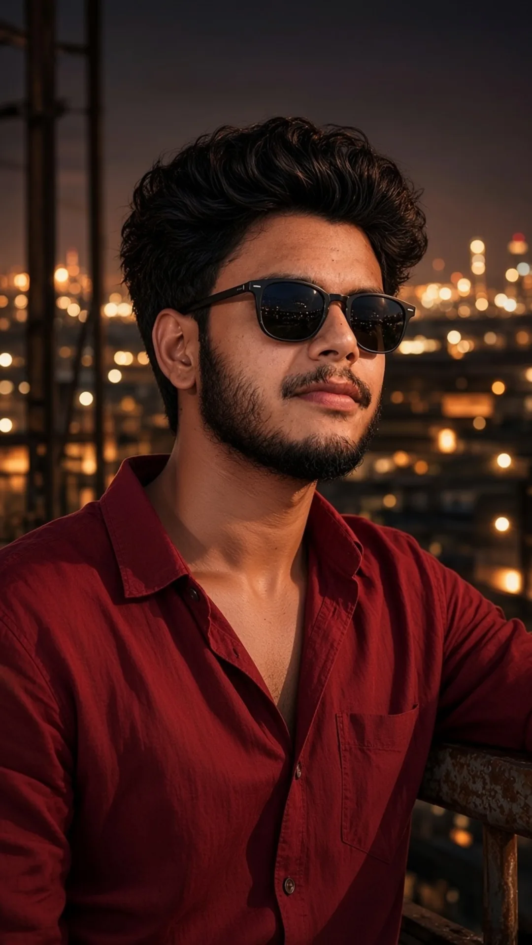 Cinematic portrait of a handsome young South Asian man in his mid-20s with thick dark wavy hair styled upward, full neat black beard and