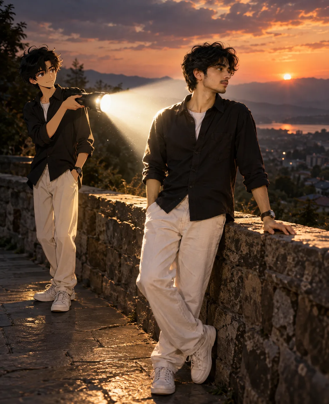 Transform the uploaded photo into a cinematic real-life and anime fusion scene.