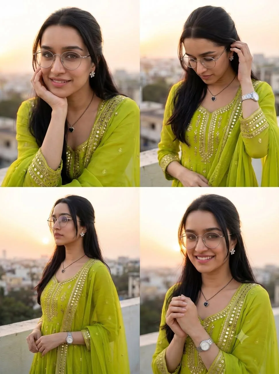 A high-quality, ultra-realistic portrait collage of a beautiful young South Asian woman my face standing on a rooftop during golden hour.
