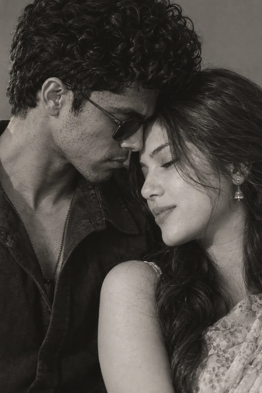 Create an intimate black-and-white close-up portrait of a couple.