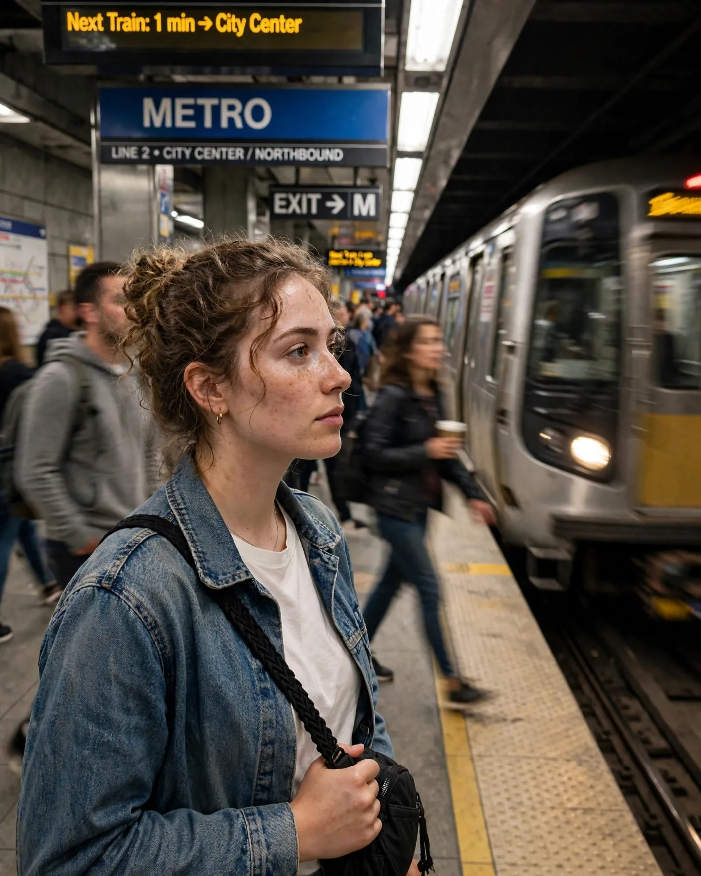 A natural candid photograph of a young adult woman waiting at a modern city metro station, wearing a simple everyday outfit, people