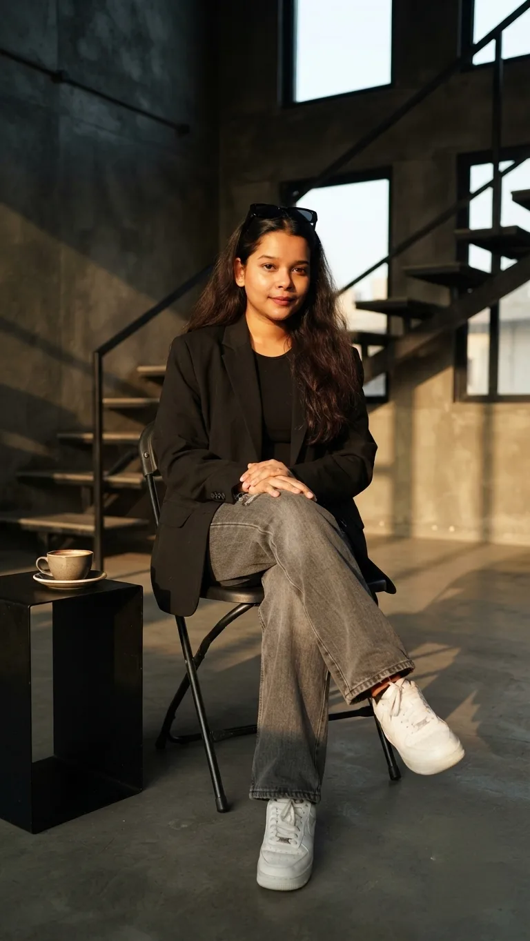 Prompt ✨ Photorealistic full-body portrait of a stylish young woman sitting on a black folding chair, wearing an oversized black blazer,