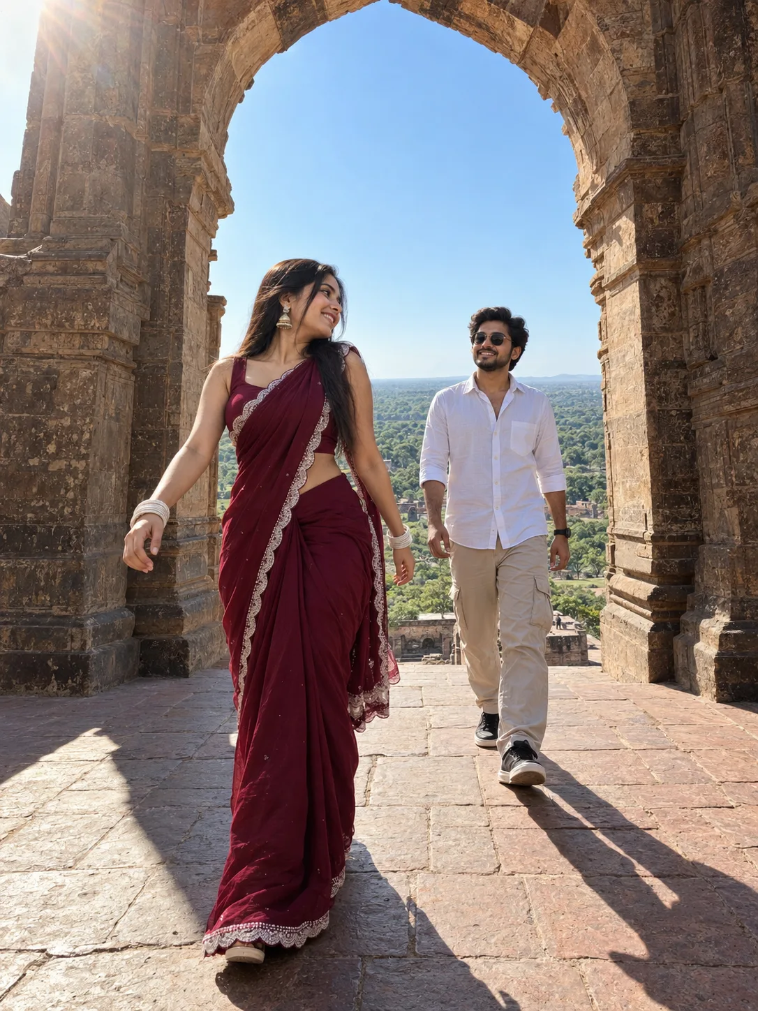 Photorealistic, 8k, highly detailed full-body travel photography shot of a young Indian couple walking through a massive ancient stone