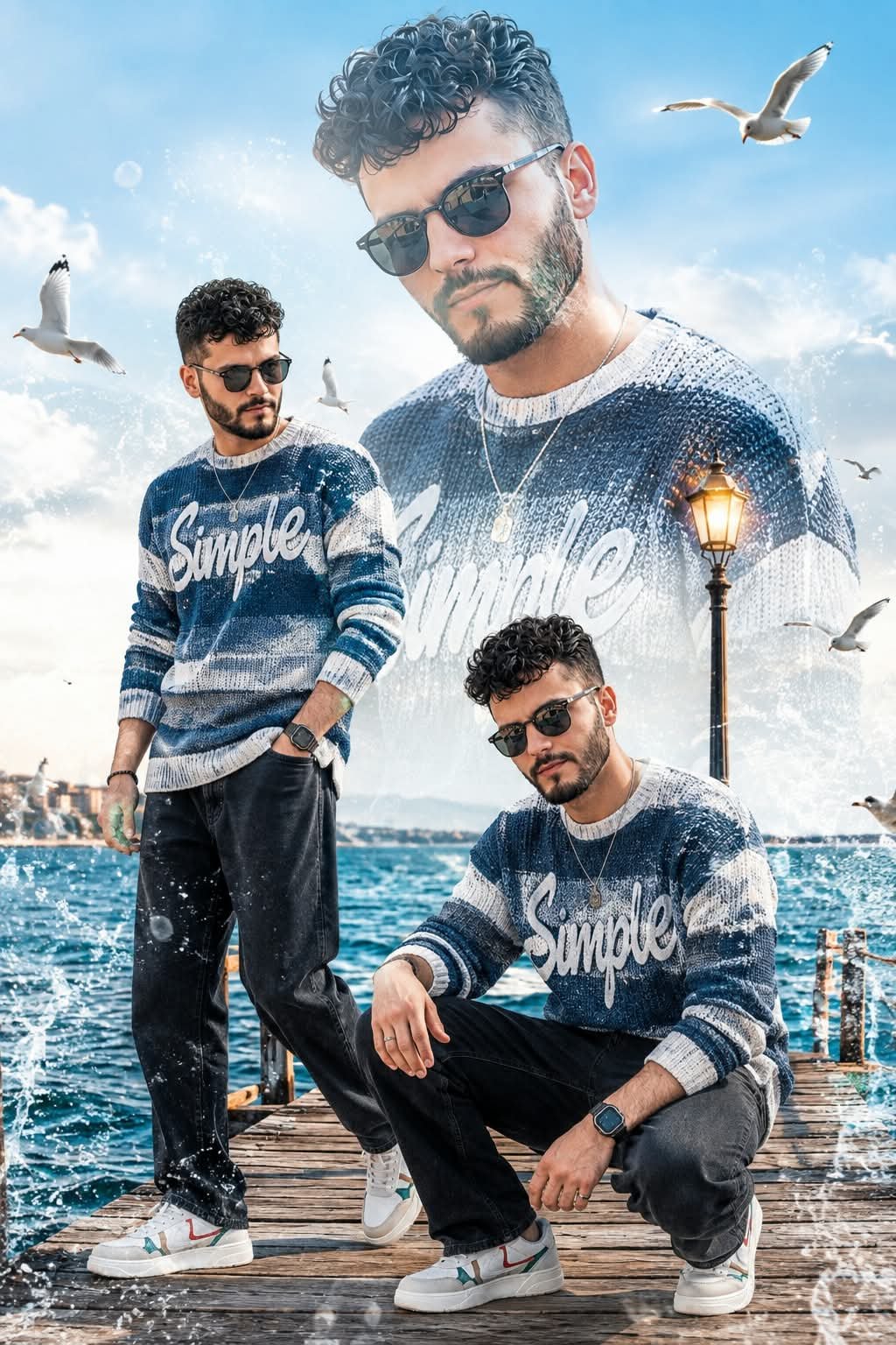 @anand.sandilya2 A creative multiple-exposure photo edit of a young man with stylish dark hair and sunglasses.