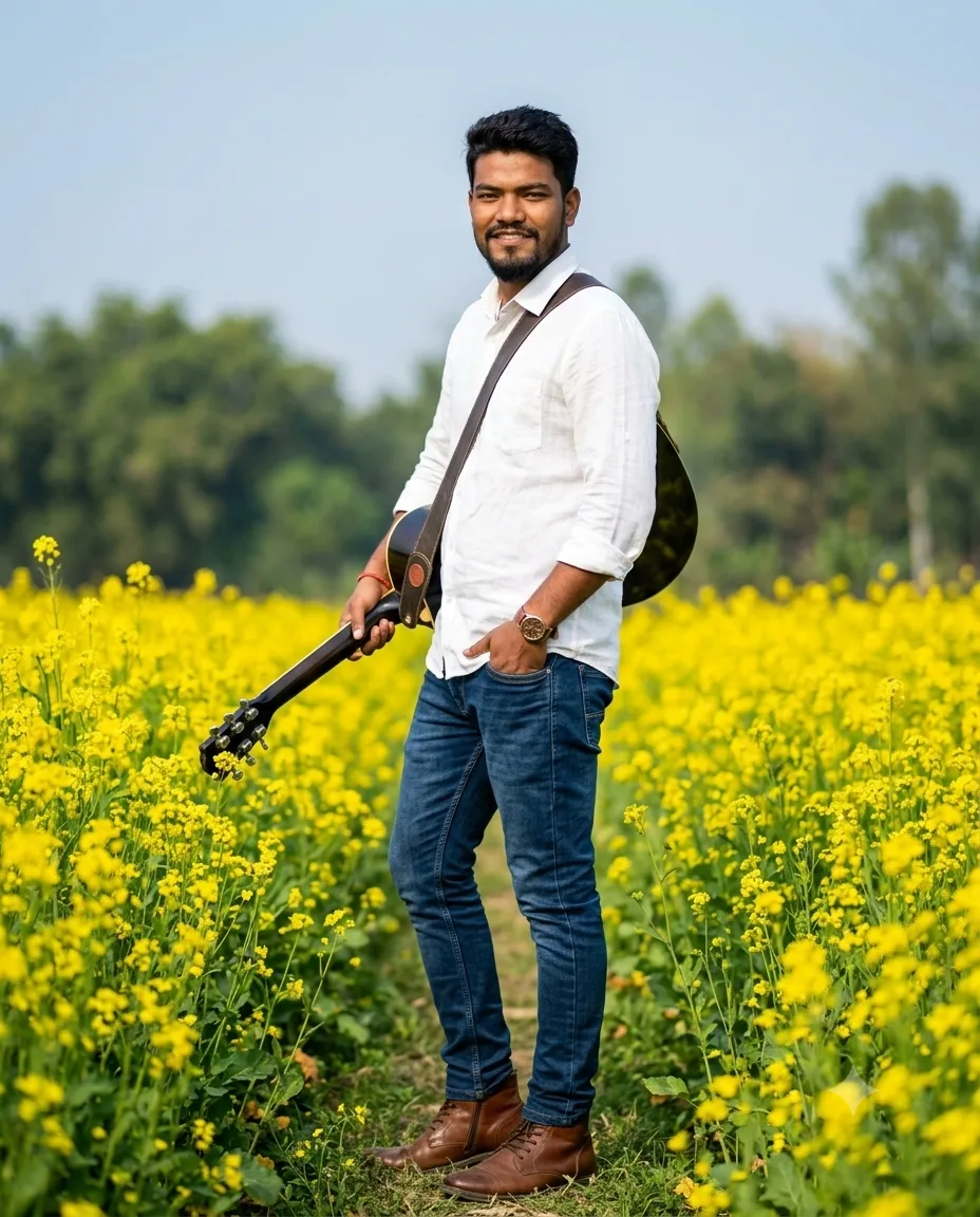 Ultra-realistic full-body portrait of the same young South Asian man in the same blooming yellow mustard field, maintaining the same facial