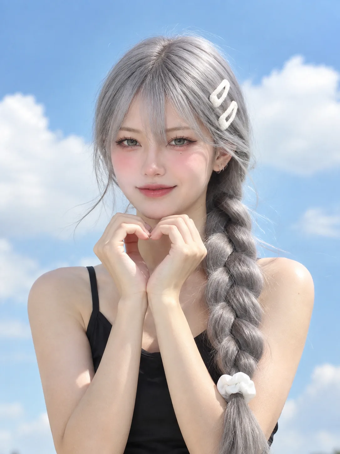 📸 Prompt Ultra-realistic photorealistic portrait of a young woman outdoors under a bright blue sky with soft white clouds.