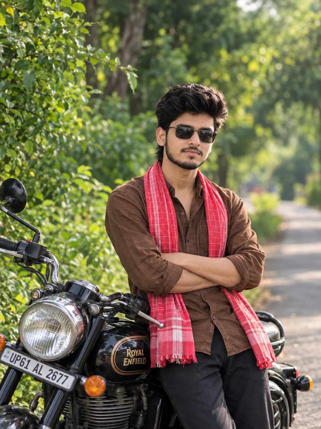 A boy in his 18 year old slim body with a trimmed beard and styled short dark hair, standing casually and leaning against a classic black
