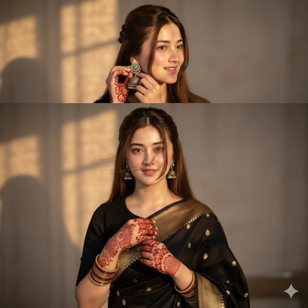 Image using on Gamini Nano banana pro Prompt 👇 ultra-realistic cinematic portrait of a young Indian woman in warm golden hour sunlight,