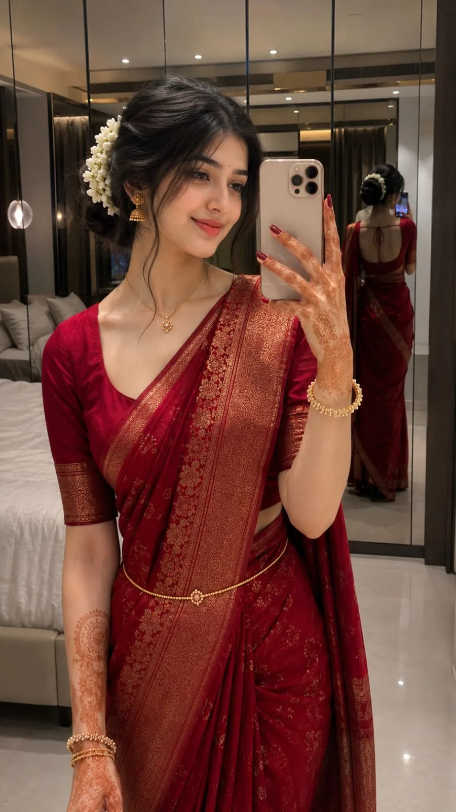 Ultra-realistic cinematic 8K vertical mirror selfie portrait of an elegant South Asian woman wearing a rich deep red silk saree with