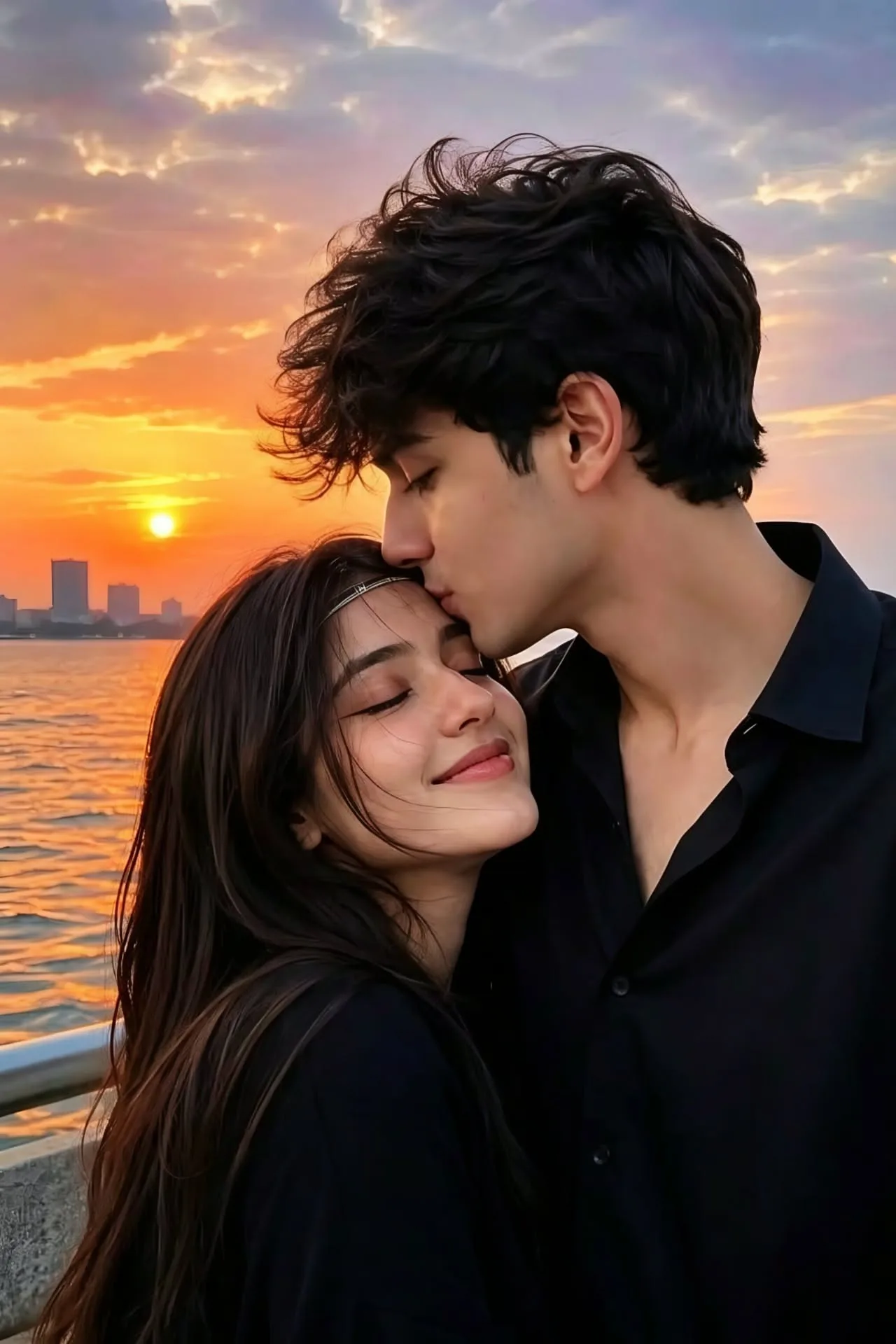 A high-quality, cinematic portrait of a romantic young couple during golden hour.